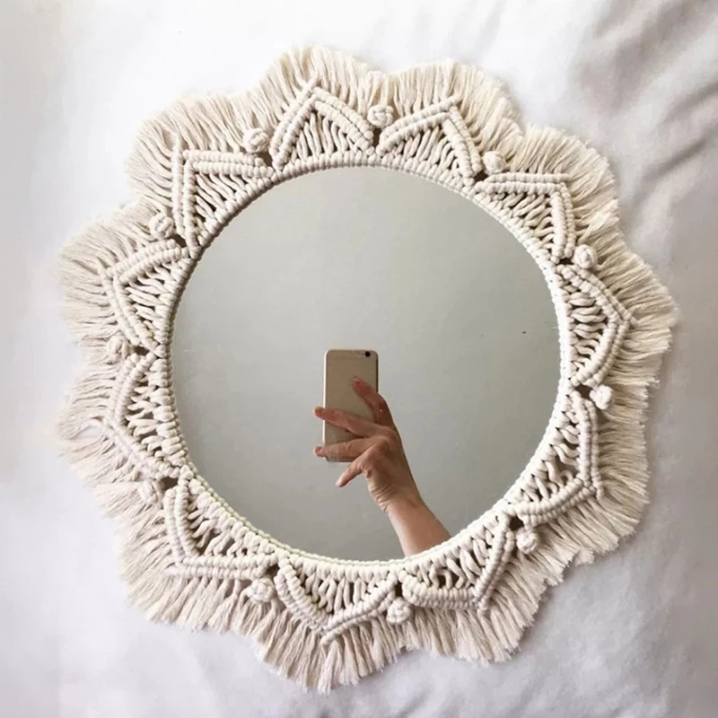 Rattan Mirror Round - Espelho Redondo Boho Macramé, Espelhos Decorativos,