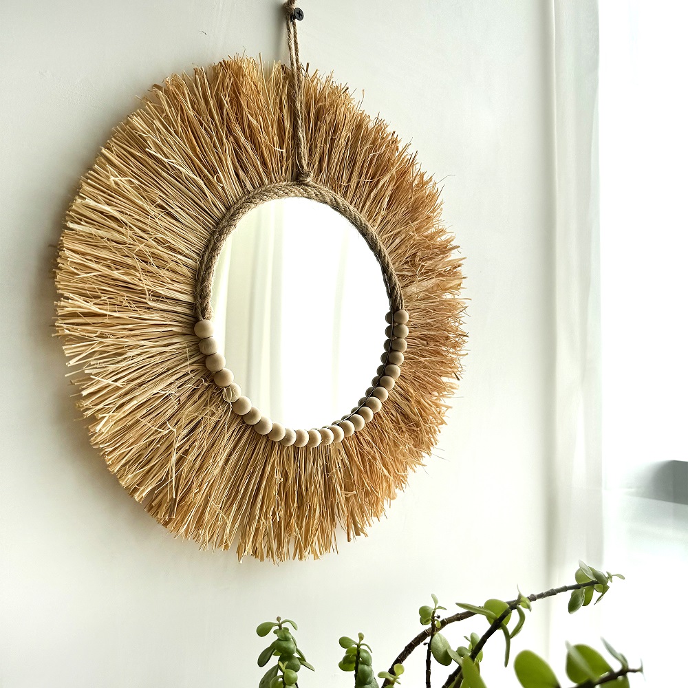 Espelho de ráfia boho feito à  - Rattan Mirror Round avaliação e preço